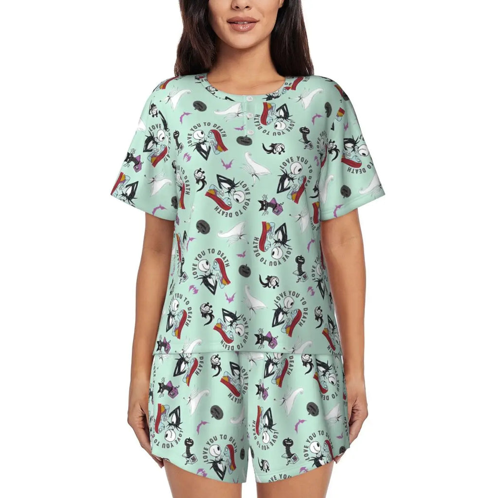Women's Nightmare Before Christmas Jack Skellington Pajamas Set Printed 2 Piece Pjs Sets Short Sleeve Sleepwear Loungewear