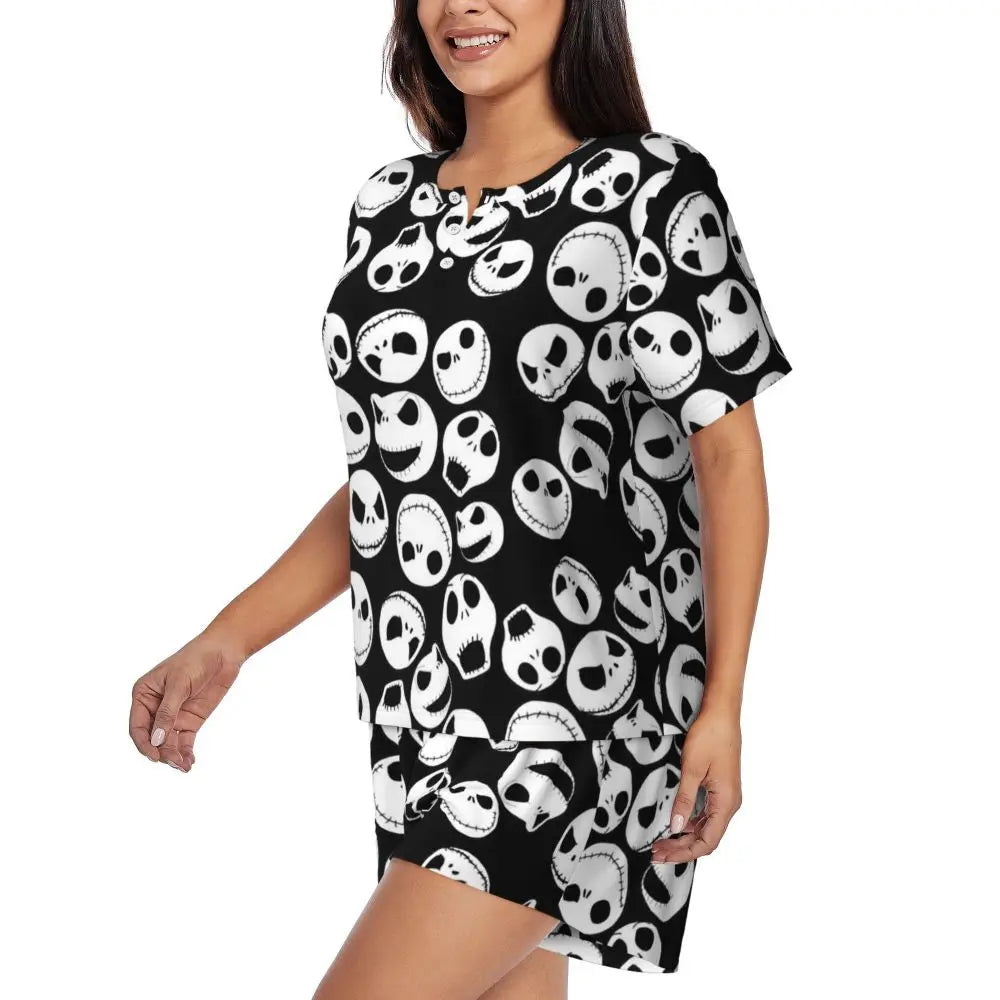 Women's Nightmare Before Christmas Jack Skellington Pajamas Set Printed 2 Piece Pjs Sets Short Sleeve Sleepwear Loungewear