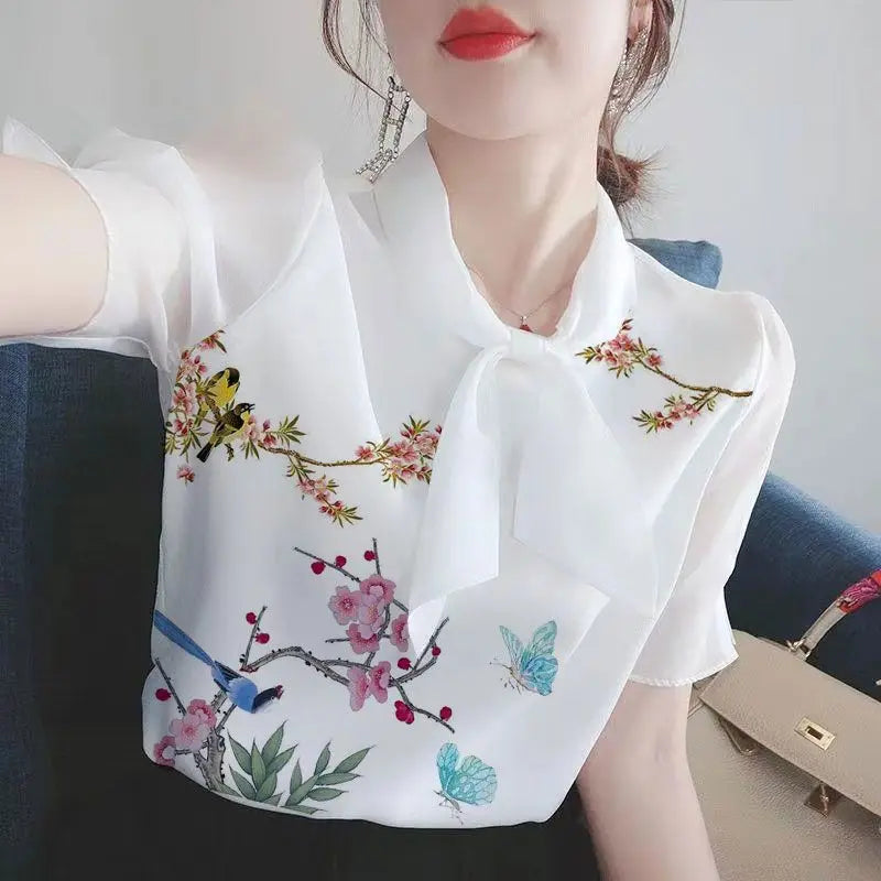 Women Clothing Summer Thin Fashion Simplicity White Printing Short Sleeve Shirts Women's Trend Casual All-match Temperament Tops