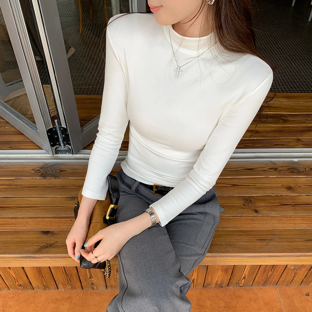 Autumn Winter Knitted Women's T-shirts 2025 New Long Sleeve Solid Half Turtleneck Korean Bottom Slim Short Tops Tee Female