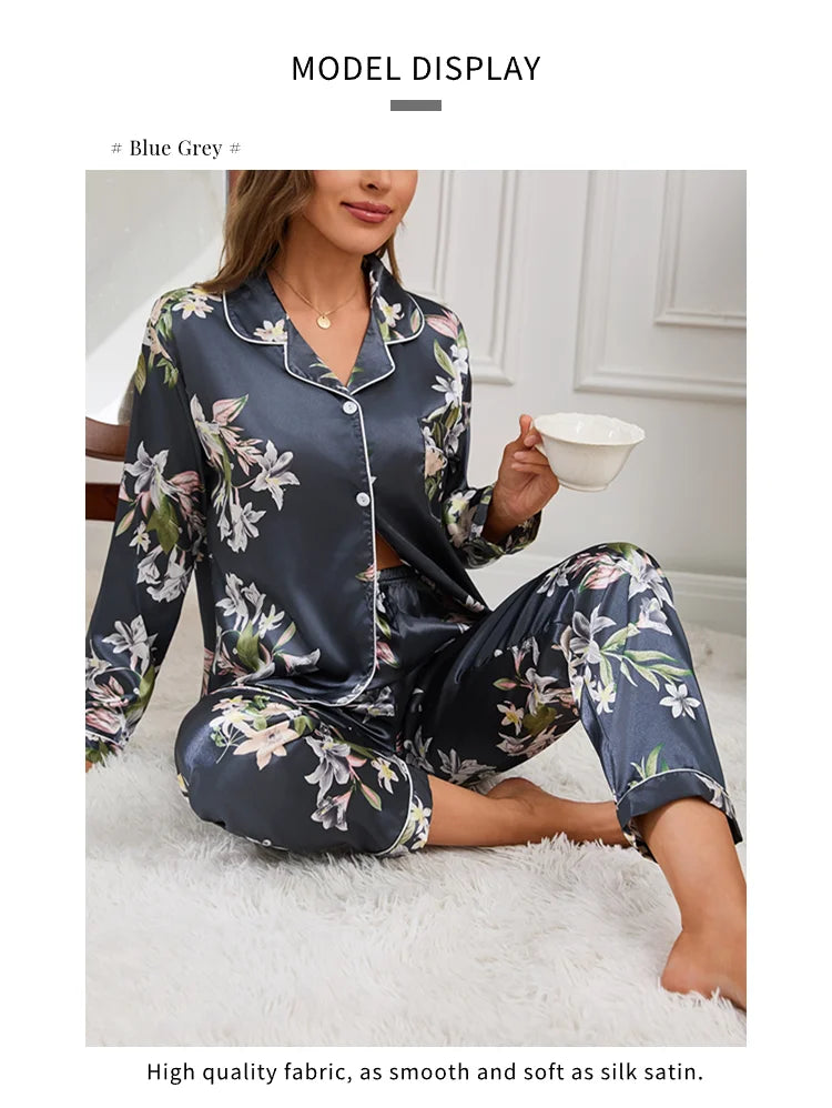 Pajamas For Women Home Clothes Autumn Satin Flower Print Sleepwear Long Sleeve Tops Pajama Pants Nightwear 2 Piece Pyjama Femme