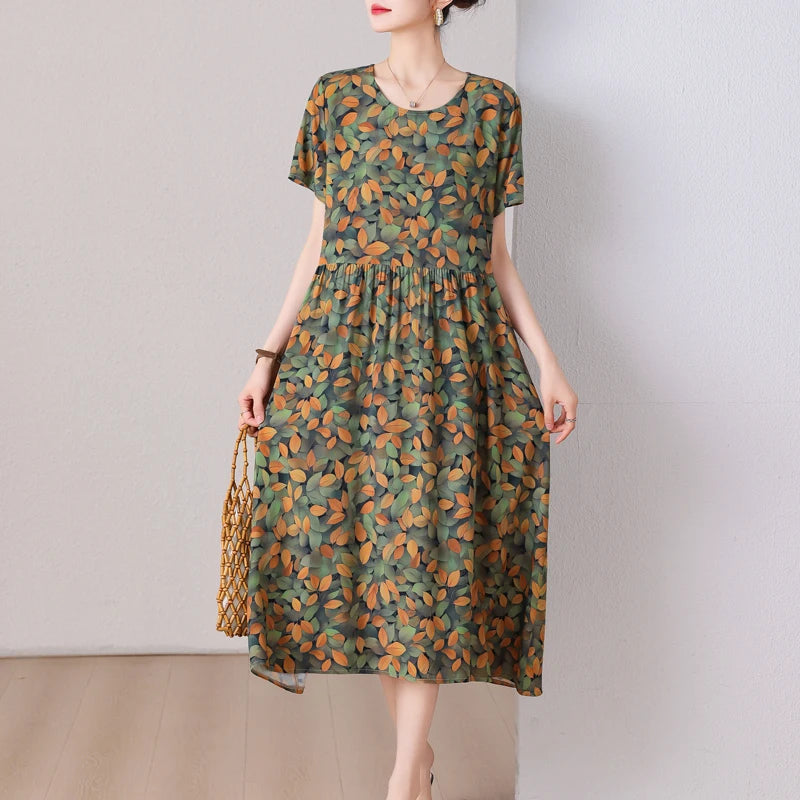 summer dress elegant clothing 2025 short sleeve  vintage floral new  dresses for women casual loose long