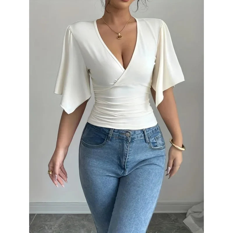 Shirts for Women Summer Solid Colour Casual Fashion Flared Sleeve Slim Deep V Neck Sexy T-Shirt Top Women Clothes Y2k Tops