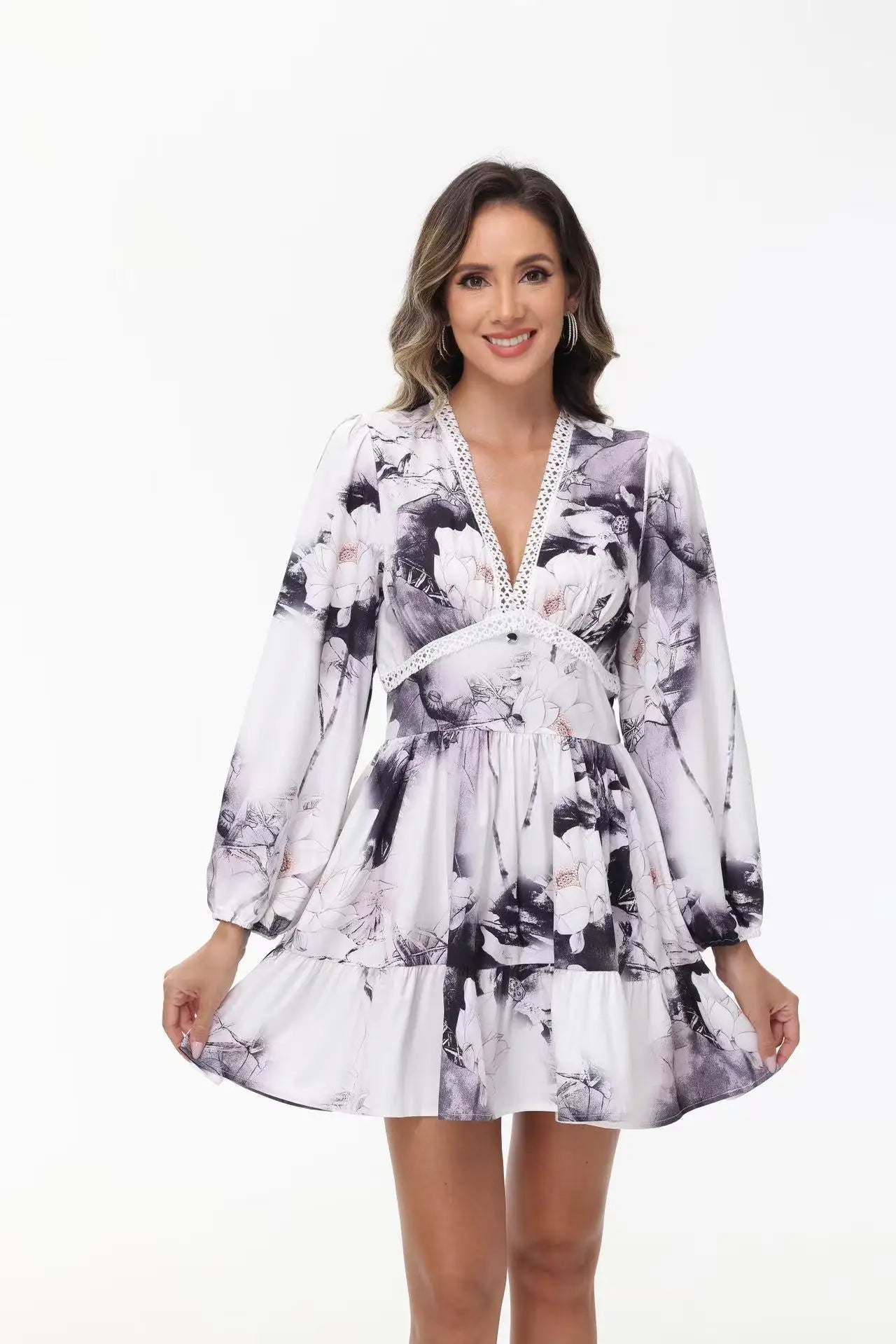 Print Women's Dress Summer Fashion Floral Lace Deep V-neck Dress For Women Casual Beach Vacation  Sundress Slim A-line Dresses