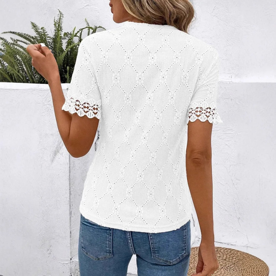 Women Summer T Shirts Short Sleeve Round Neck Jacquard Elegant Tops Hollow Out Large Size Loose High Quality Short Sleeve Tops