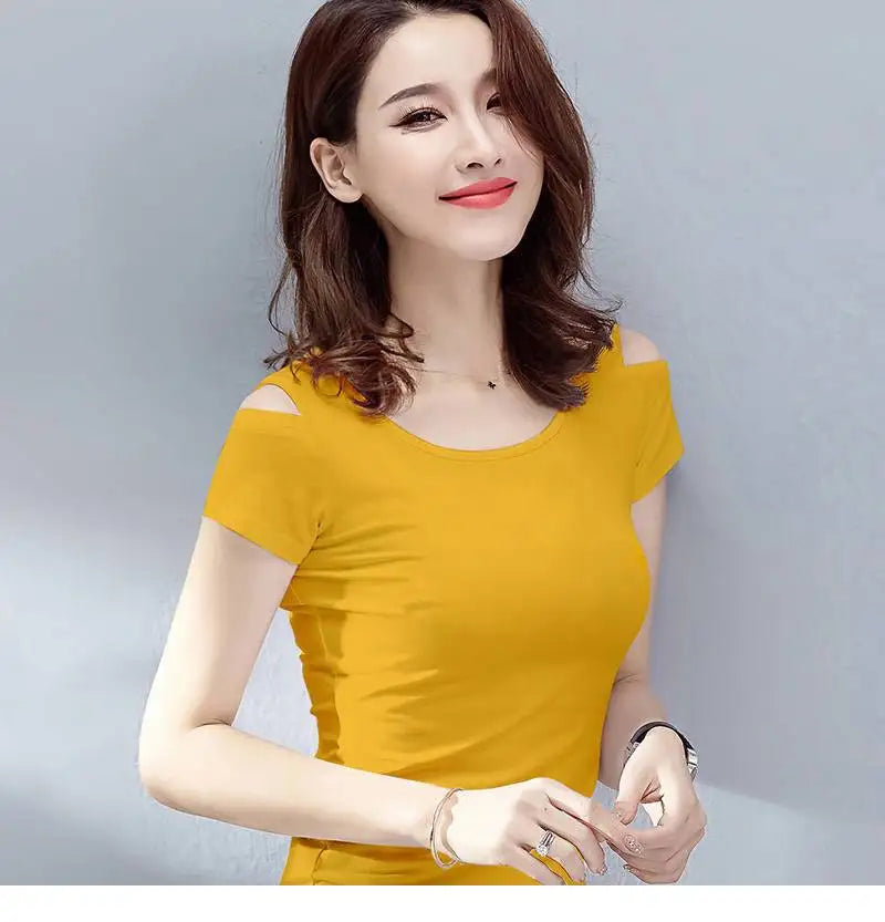 Women Clothes Summer Trend Simplicity Solid Color O-neck Off Shoulder Short Sleeve T-Shirt Women's Fashion Casual All-match Tops