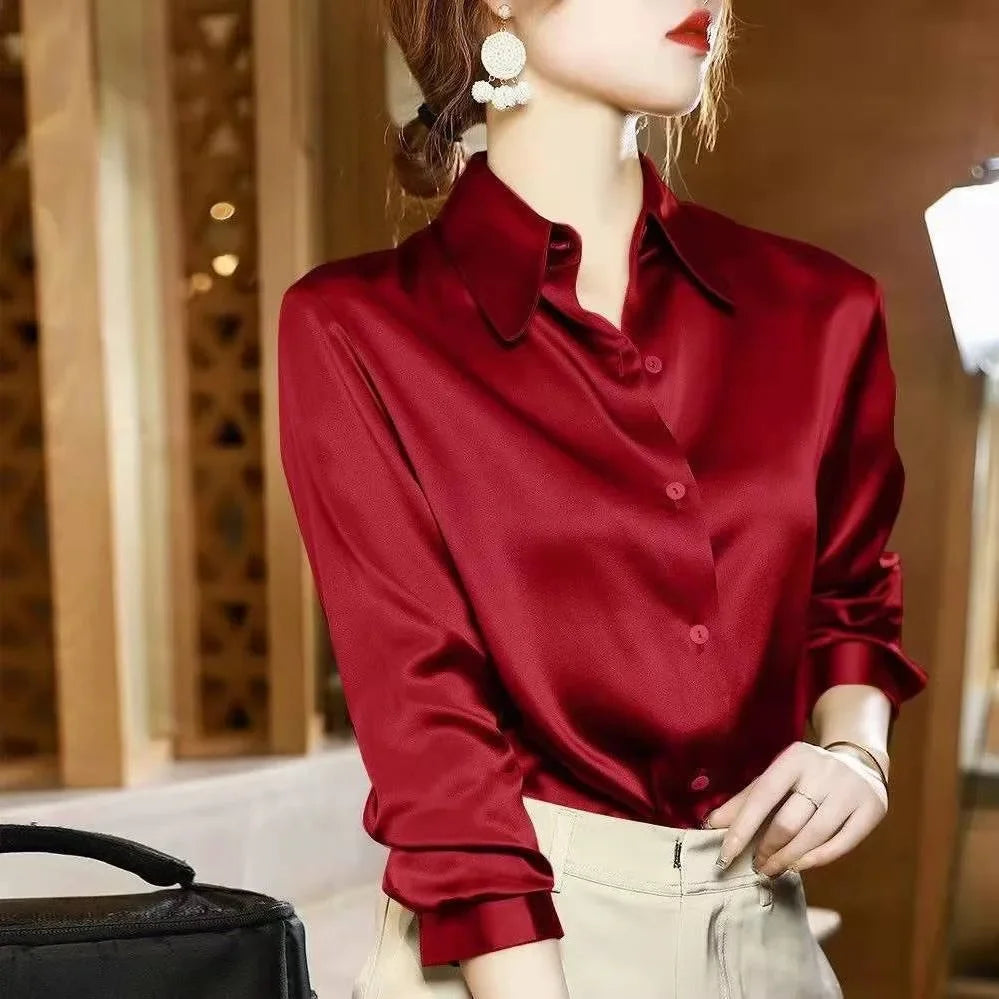 Summer Trend Fashion Women's Casual Elegant Satin Long Sleeved Shirt Office Women's Shirts And Blouses Slim Femal Clothes