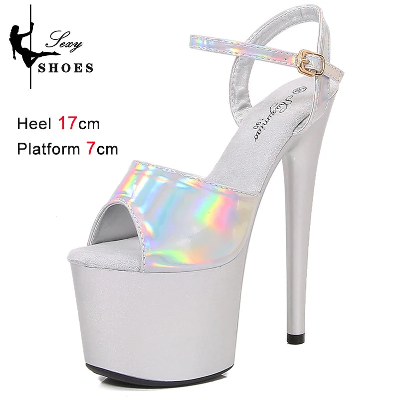 Women's Summer Shoes with Heels Sexy 17CM/7Inchs Platform Sandals Pole Dancing Fetish Erotic Stripper Shoes Luxury Laser Color