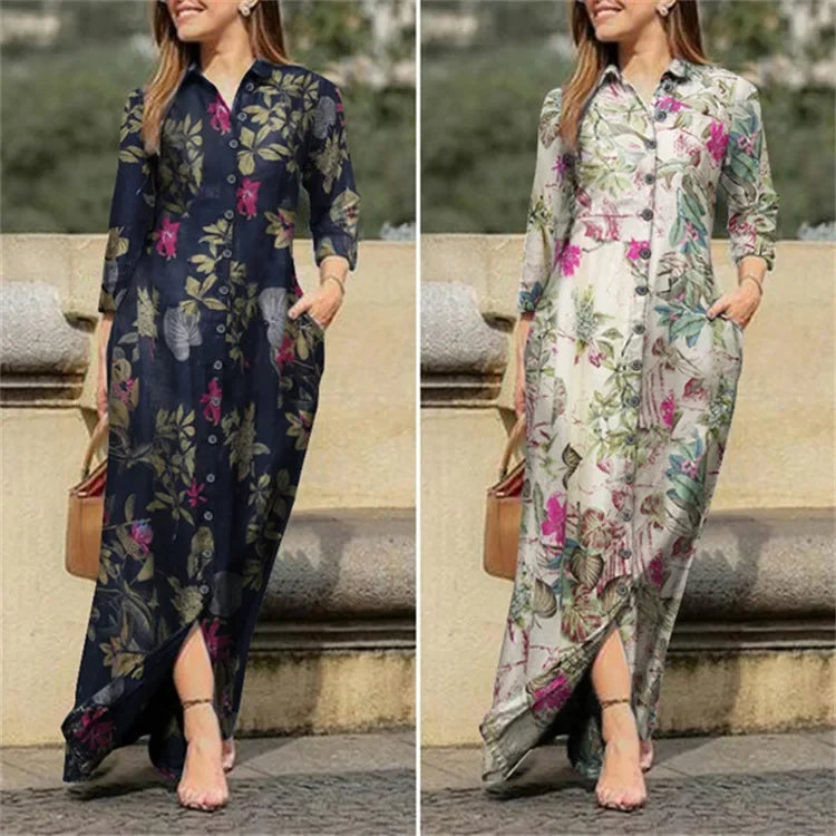 Fashion Summer Dresses 2024 New Women's Printed Elegant Robe Flip Collar Single Breasted Elegant Commuter Long Dress