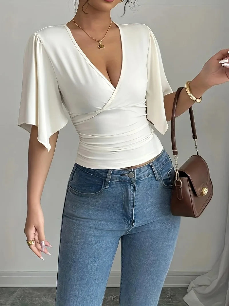 Shirts for Women Summer Solid Colour Casual Fashion Flared Sleeve Slim Deep V Neck Sexy T-Shirt Top Women Clothes Y2k Tops