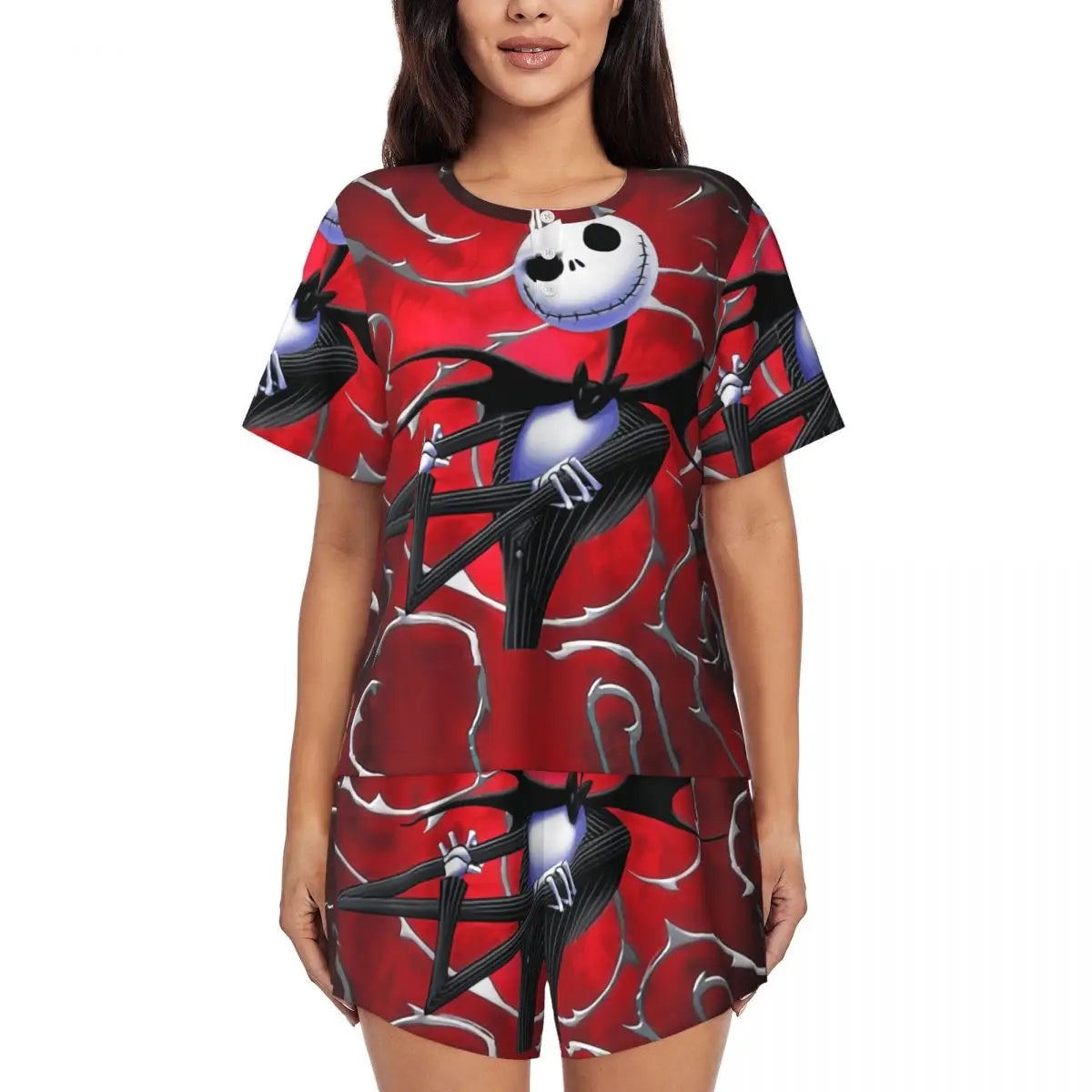 Women's Nightmare Before Christmas Jack Skellington Pajamas Set Printed 2 Piece Pjs Sets Short Sleeve Sleepwear Loungewear