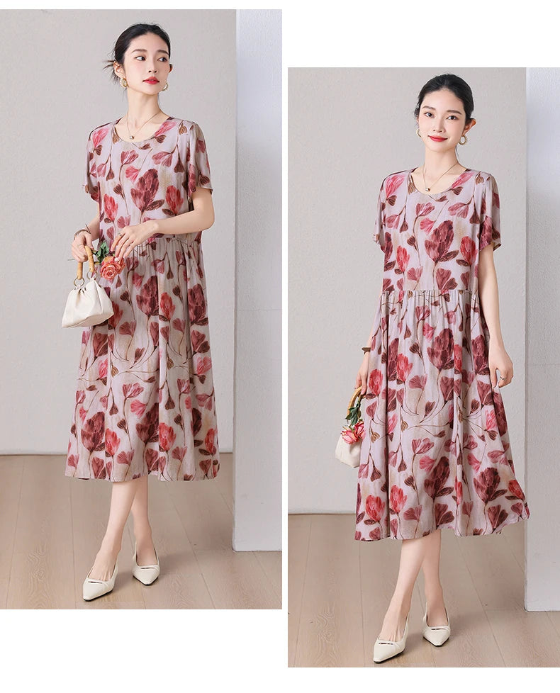 summer dress elegant clothing 2025 short sleeve  vintage floral new  dresses for women casual loose long