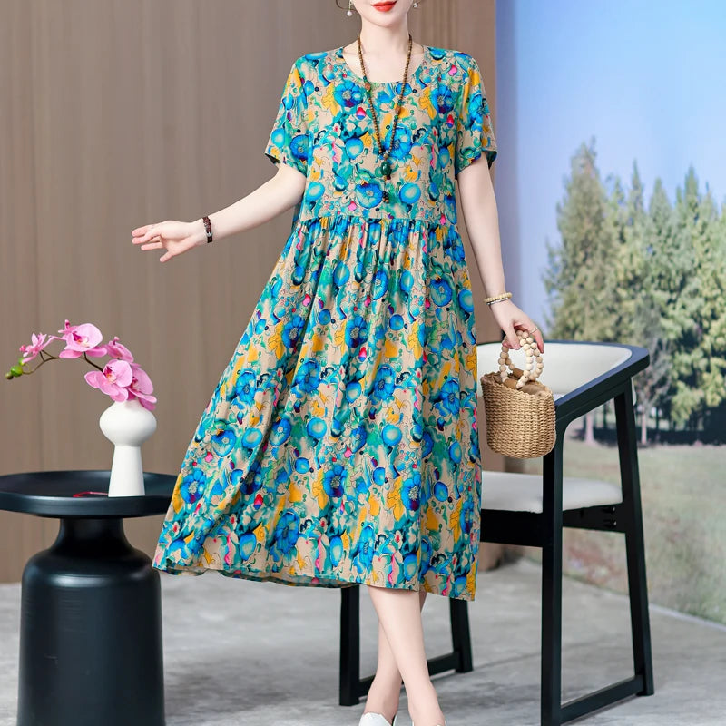 summer dress elegant clothing 2025 short sleeve  vintage floral new  dresses for women casual loose long