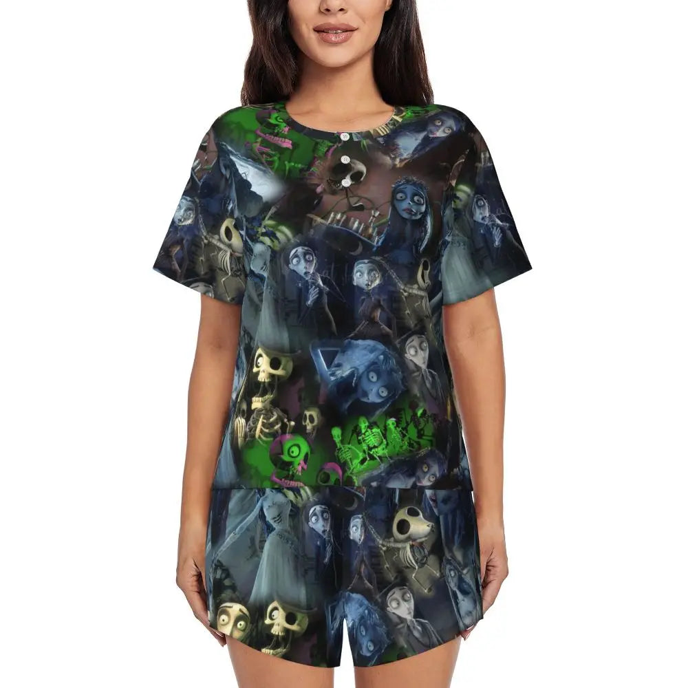 Women's Nightmare Before Christmas Jack Skellington Pajamas Set Printed 2 Piece Pjs Sets Short Sleeve Sleepwear Loungewear