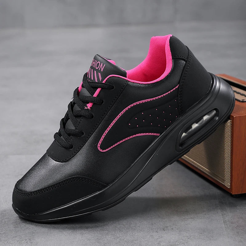 2025 New Women's Fashionable Sneakers Leather Women's Casual Shoes Lace Up Flat Shoes Ladies Lightweight Fitness Walking Shoes