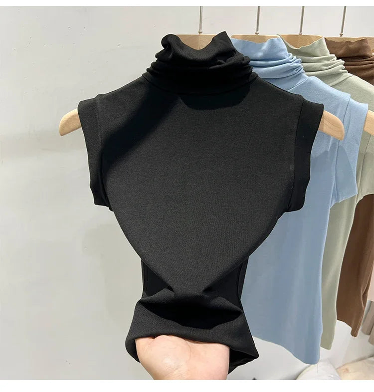 Women Summer Sexy Turtleneck Sleeveless T-Shirts Tops Solid Slim Fit Pullovers Causal Tees Shirts Female Streetwear Basics Tees