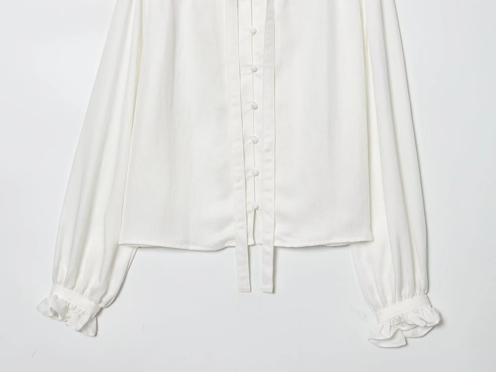 Winter new women's casual versatile temperament simple and fashionable long sleeved single breasted pleated collar top