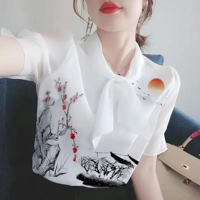 Women Clothing Summer Thin Fashion Simplicity White Printing Short Sleeve Shirts Women's Trend Casual All-match Temperament Tops