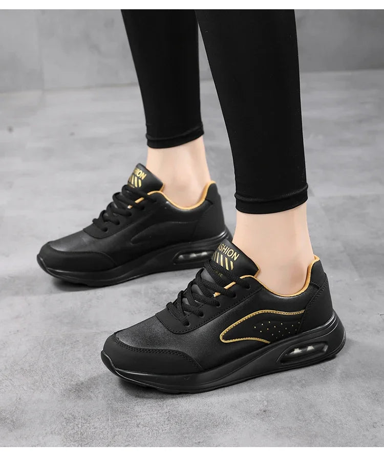 2025 New Women's Fashionable Sneakers Leather Women's Casual Shoes Lace Up Flat Shoes Ladies Lightweight Fitness Walking Shoes