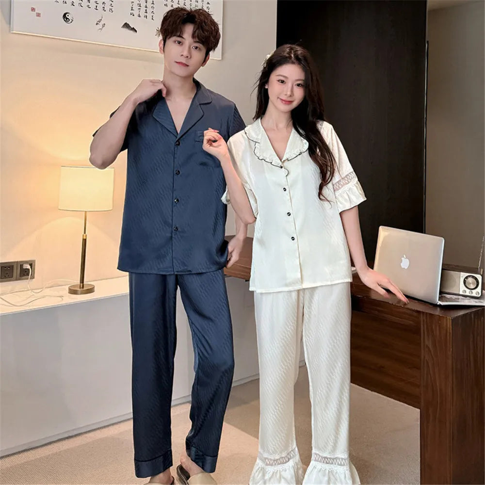 Women Men Pajamas Short Sleeved Shirt Trousers Ice Silk Sleepwear Loungewear Nightwear Homewear