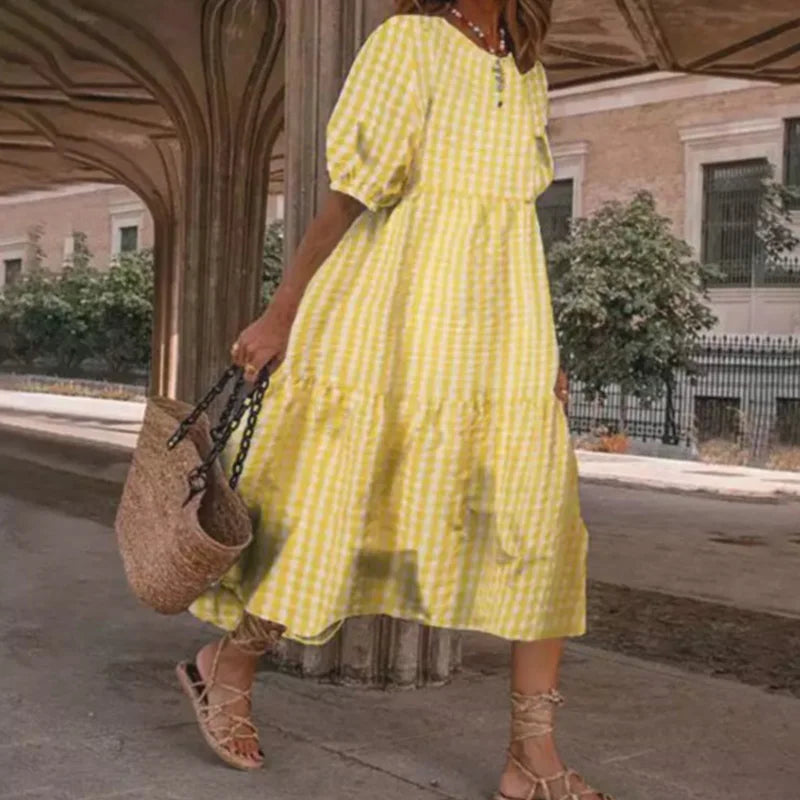 Summer Women Loose Mid-Calf Dress Vintage Lantern Sleeve Long Dresses Boho Ladies Beach DressesLoose Vestido Casual