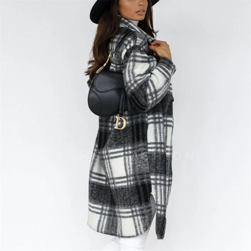 Women Check Tweed Long Shirt Autumn Winter Thickened Warm Single-breasted Cardigan Blouse Female Casual Double Pockets Outerwear