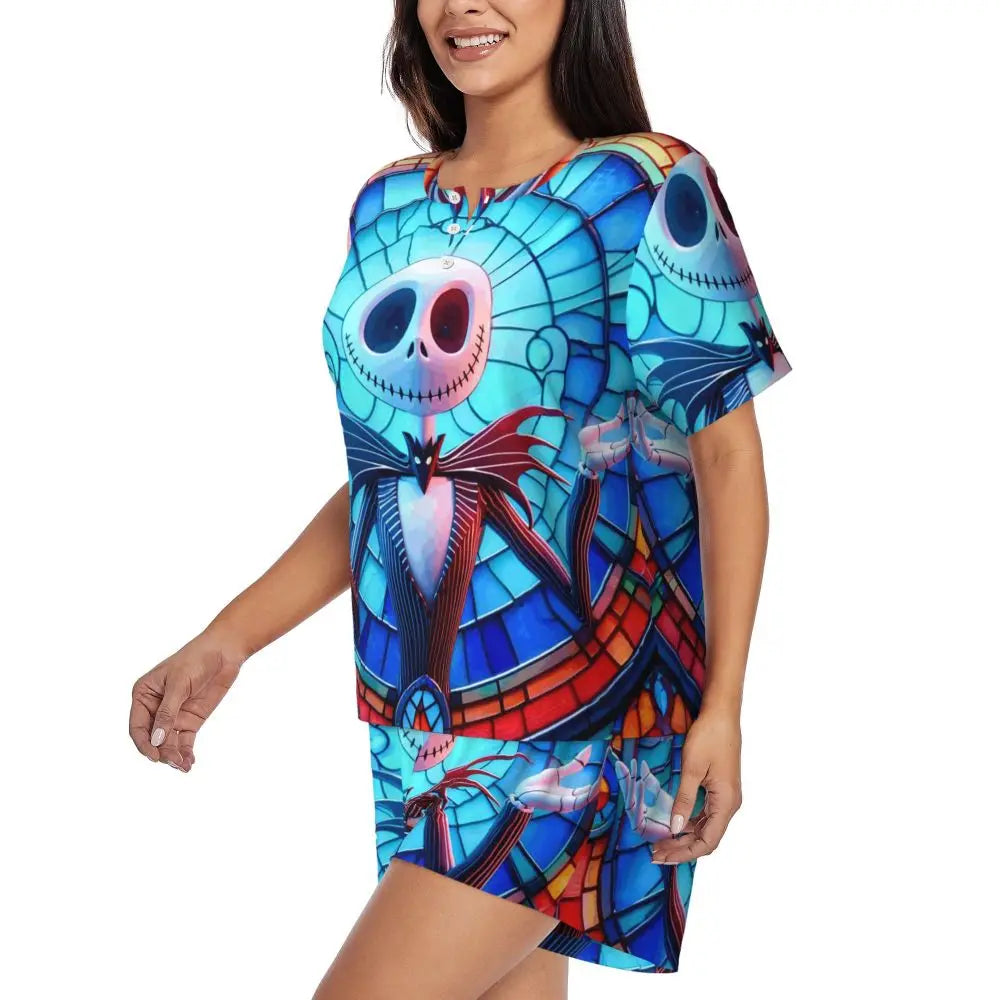 Women's Nightmare Before Christmas Jack Skellington Pajamas Set Printed 2 Piece Pjs Sets Short Sleeve Sleepwear Loungewear