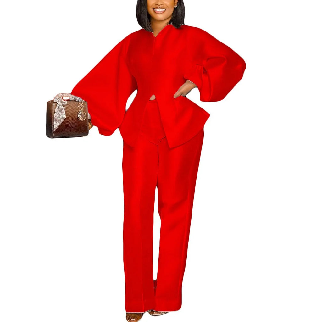 2 Pieces Pants Sets For Women Outfits Solid Satin Blouse & Long Trousers Fashion African Laides Office Work Wear Matching Sets