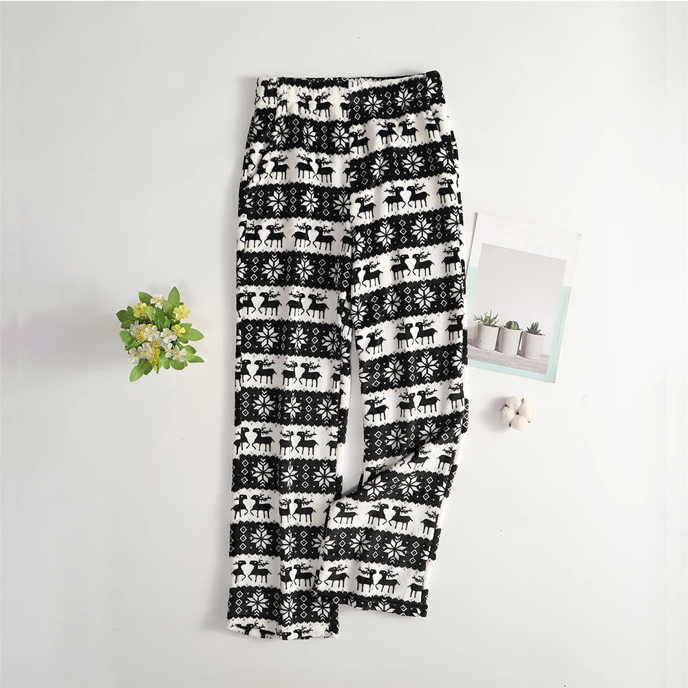 Women Christmas Printed Pajama Pants Winter Warm Soft Plush Sleep Pants Comfy Elastic Waist Home Clothes Bottoms with 2 Pockets