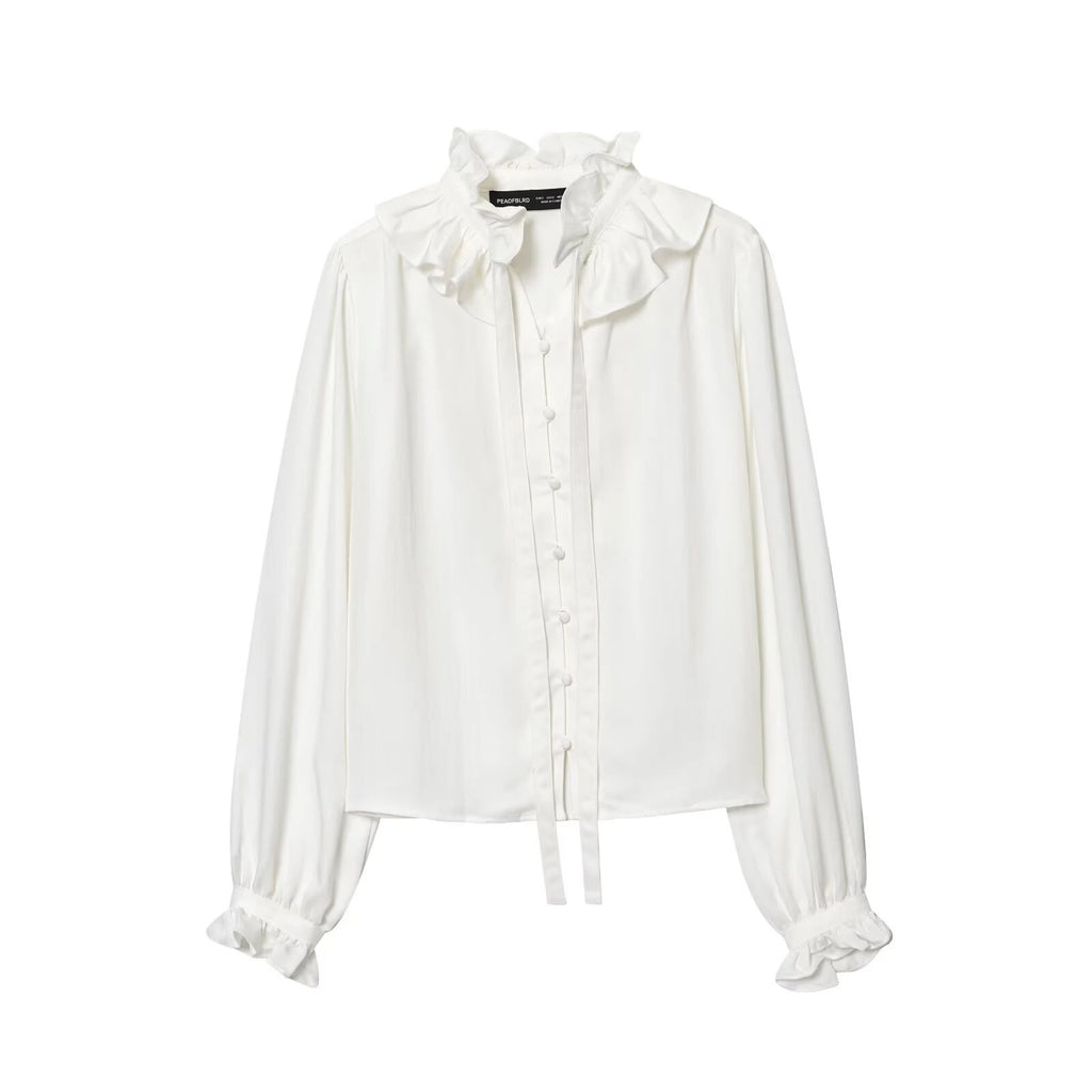 Winter new women's casual versatile temperament simple and fashionable long sleeved single breasted pleated collar top