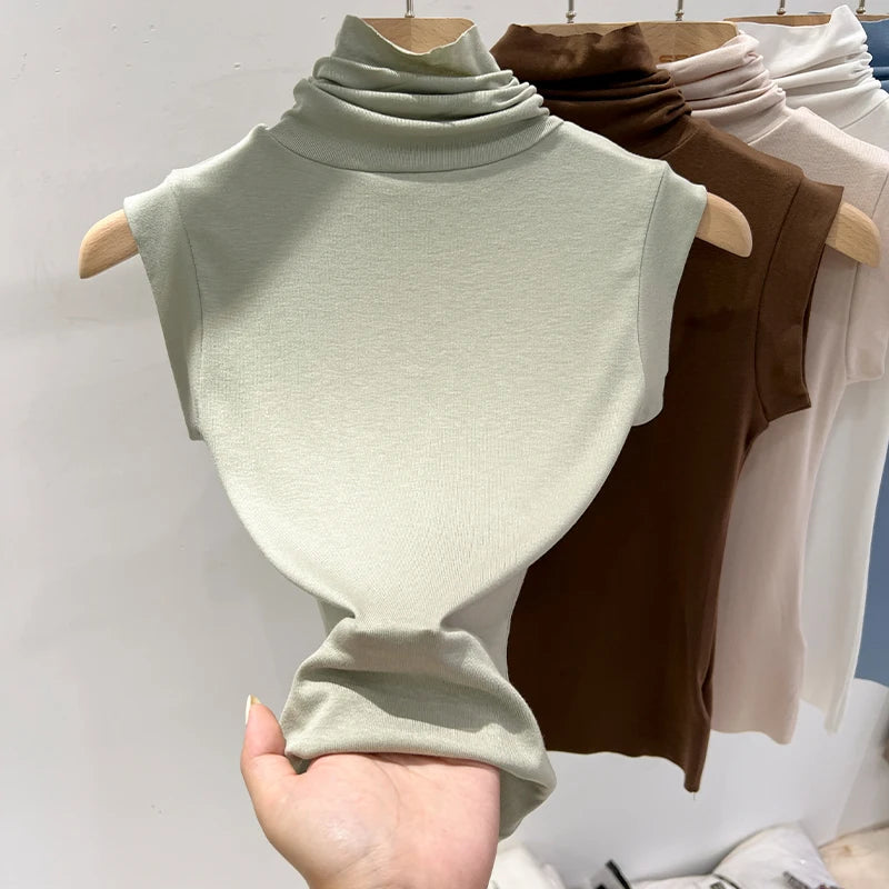 Women Summer Sexy Turtleneck Sleeveless T-Shirts Tops Solid Slim Fit Pullovers Causal Tees Shirts Female Streetwear Basics Tees