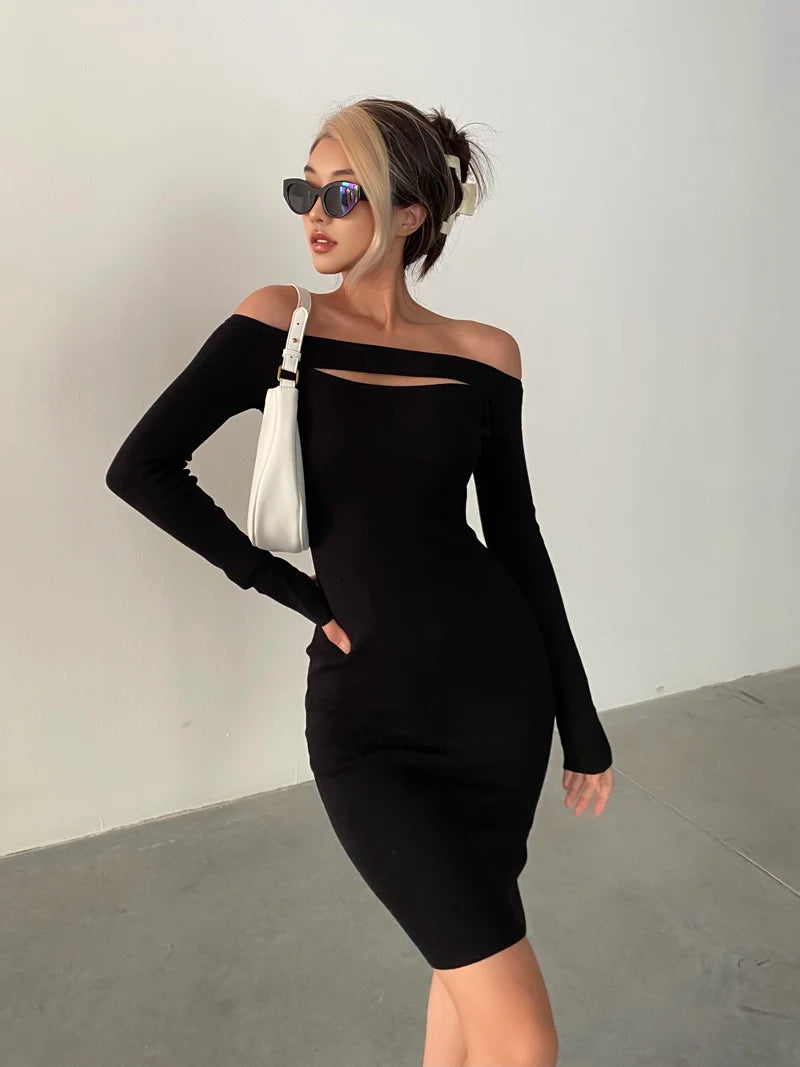 Long sleeve dresses for women 2023 Fall fashion dress short evening party dresses bodycon hollow out knitted dresses off shouler