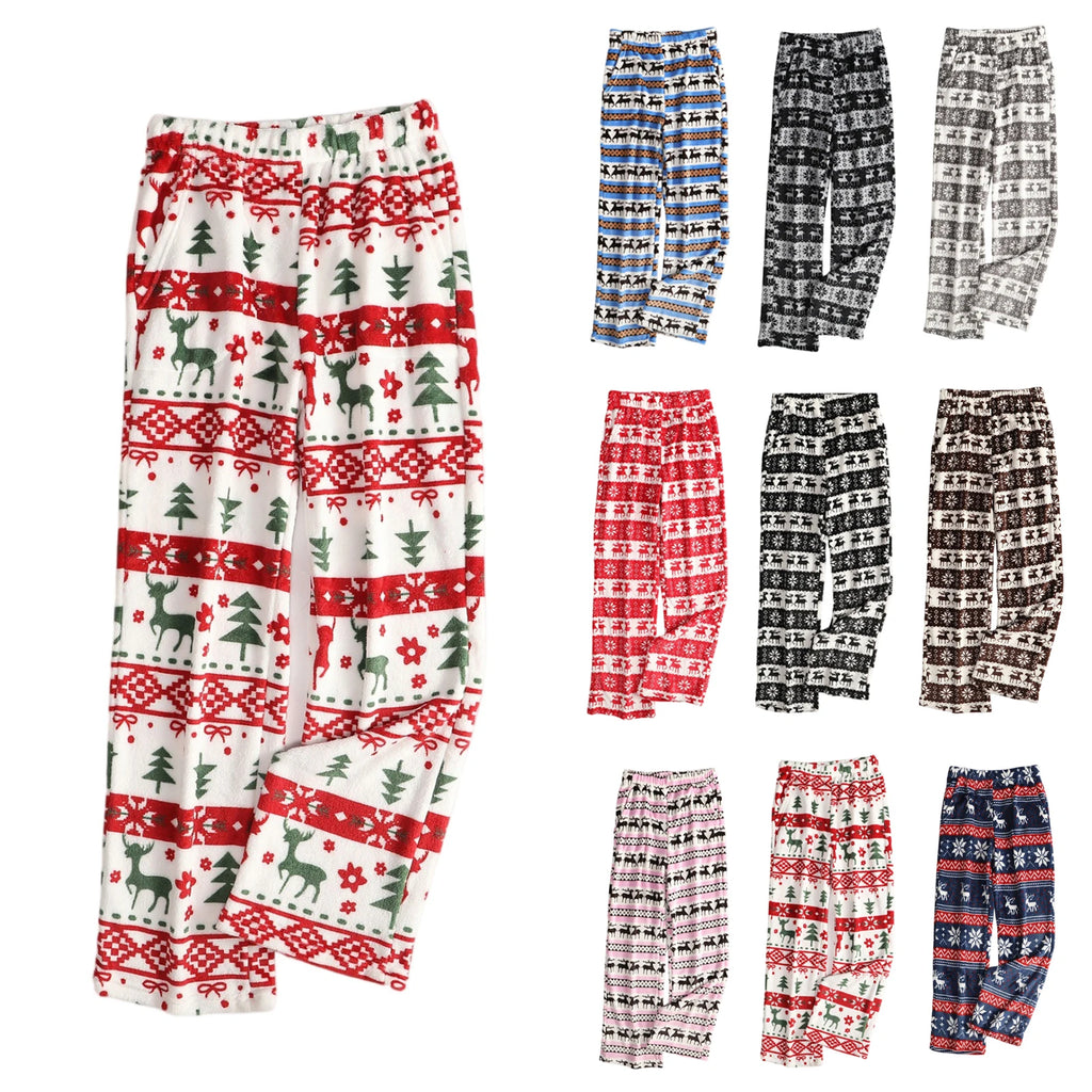 Women Christmas Printed Pajama Pants Winter Warm Soft Plush Sleep Pants Comfy Elastic Waist Home Clothes Bottoms with 2 Pockets