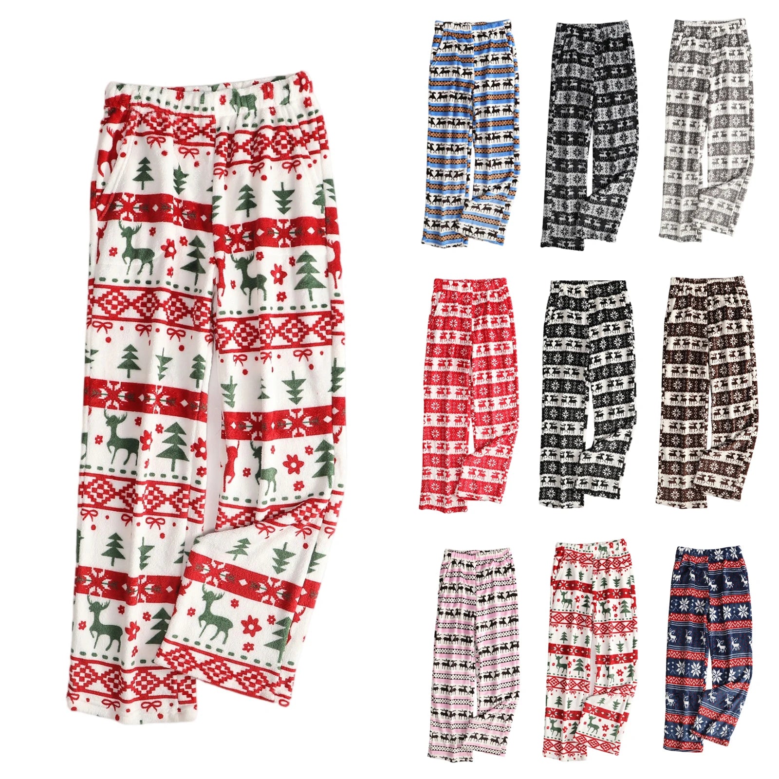 Women Christmas Printed Pajama Pants Winter Warm Soft Plush Sleep Pants Comfy Elastic Waist Home Clothes Bottoms with 2 Pockets