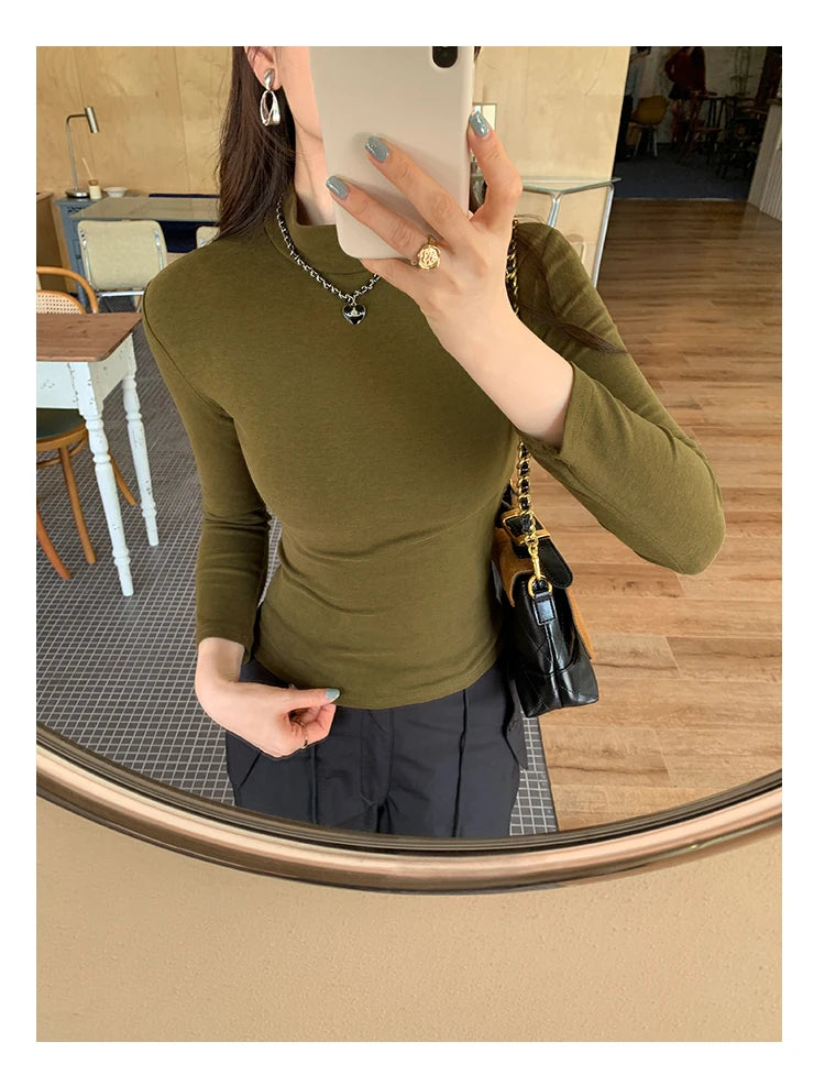 Autumn Winter Knitted Women's T-shirts 2025 New Long Sleeve Solid Half Turtleneck Korean Bottom Slim Short Tops Tee Female