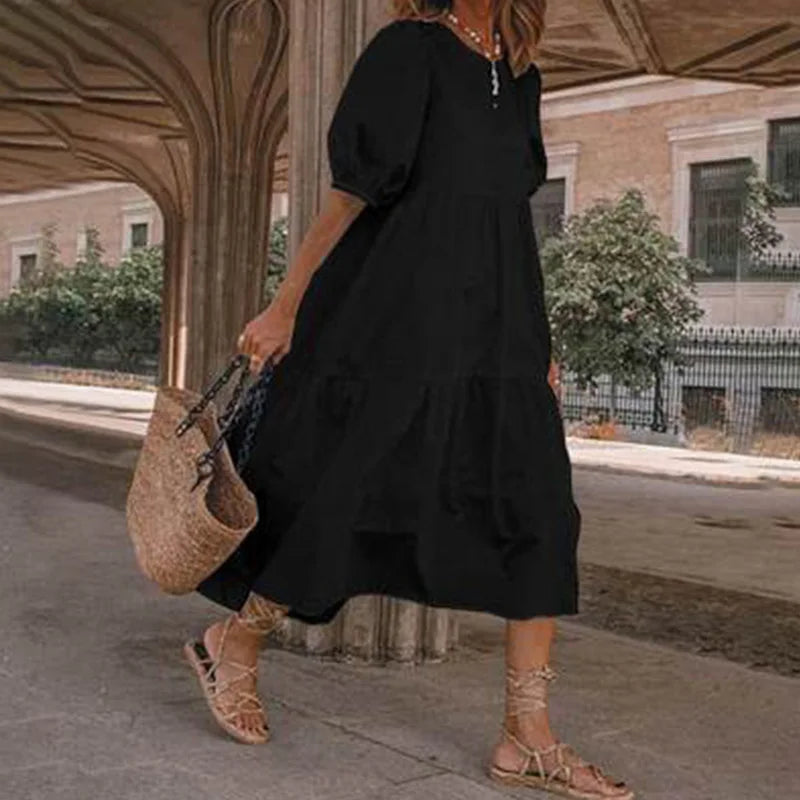Summer Women Loose Mid-Calf Dress Vintage Lantern Sleeve Long Dresses Boho Ladies Beach DressesLoose Vestido Casual