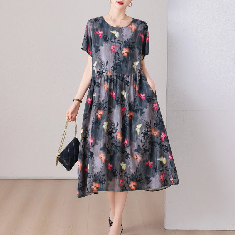 summer dress elegant clothing 2025 short sleeve  vintage floral new  dresses for women casual loose long