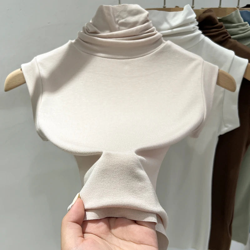 Women Summer Sexy Turtleneck Sleeveless T-Shirts Tops Solid Slim Fit Pullovers Causal Tees Shirts Female Streetwear Basics Tees