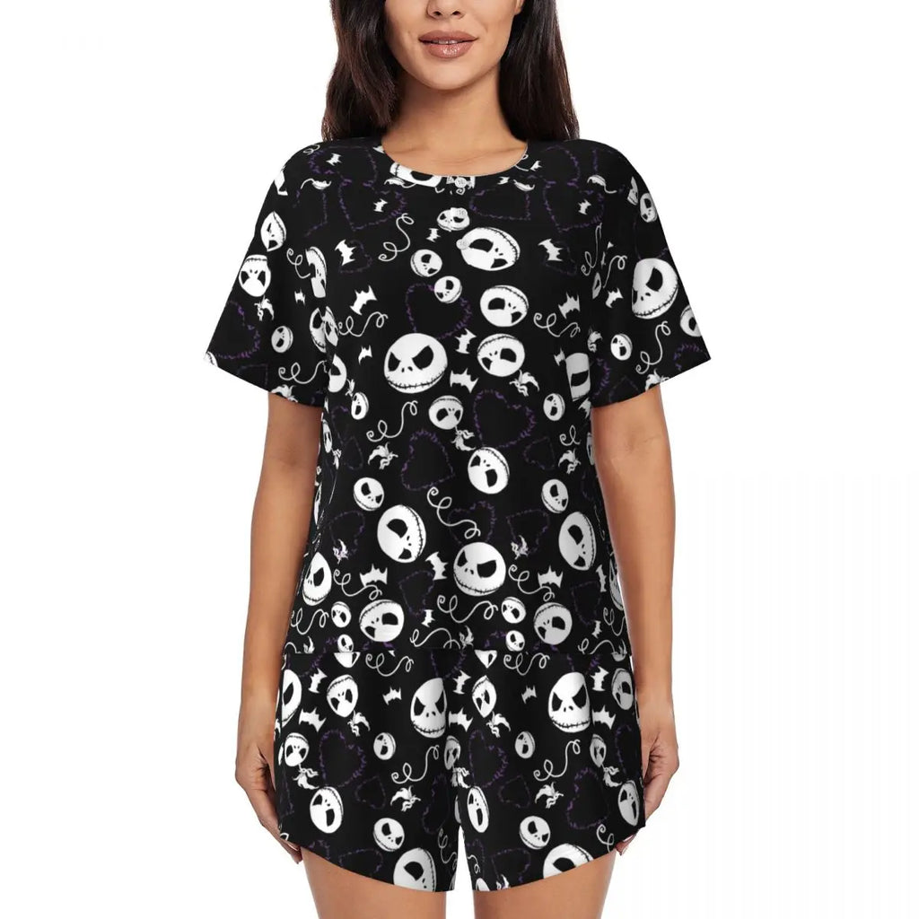 Women's Nightmare Before Christmas Jack Skellington Pajamas Set Printed 2 Piece Pjs Sets Short Sleeve Sleepwear Loungewear