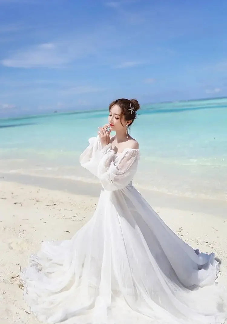 Dresses for Women Summer New Chiffon off-Shoulder Dress White Dress Vestido De Mujer