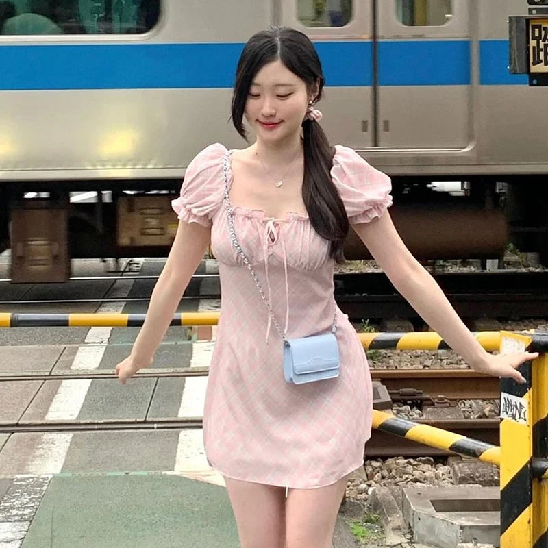 Women Sexy Dresses New Summer Streetwear Green Fashion Print Plaid Short Sleeve Mini Dress Club Party Female Elegant Tank Dress