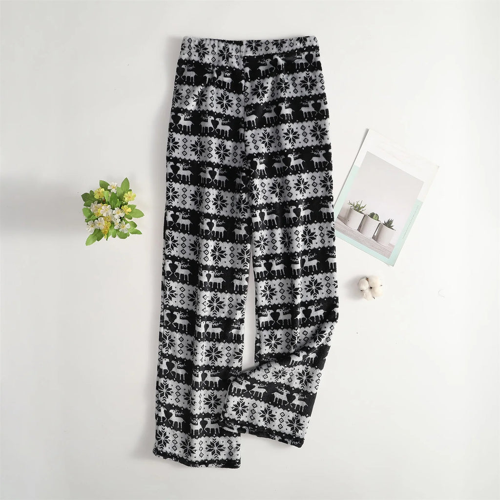 Women Christmas Printed Pajama Pants Winter Warm Soft Plush Sleep Pants Comfy Elastic Waist Home Clothes Bottoms with 2 Pockets
