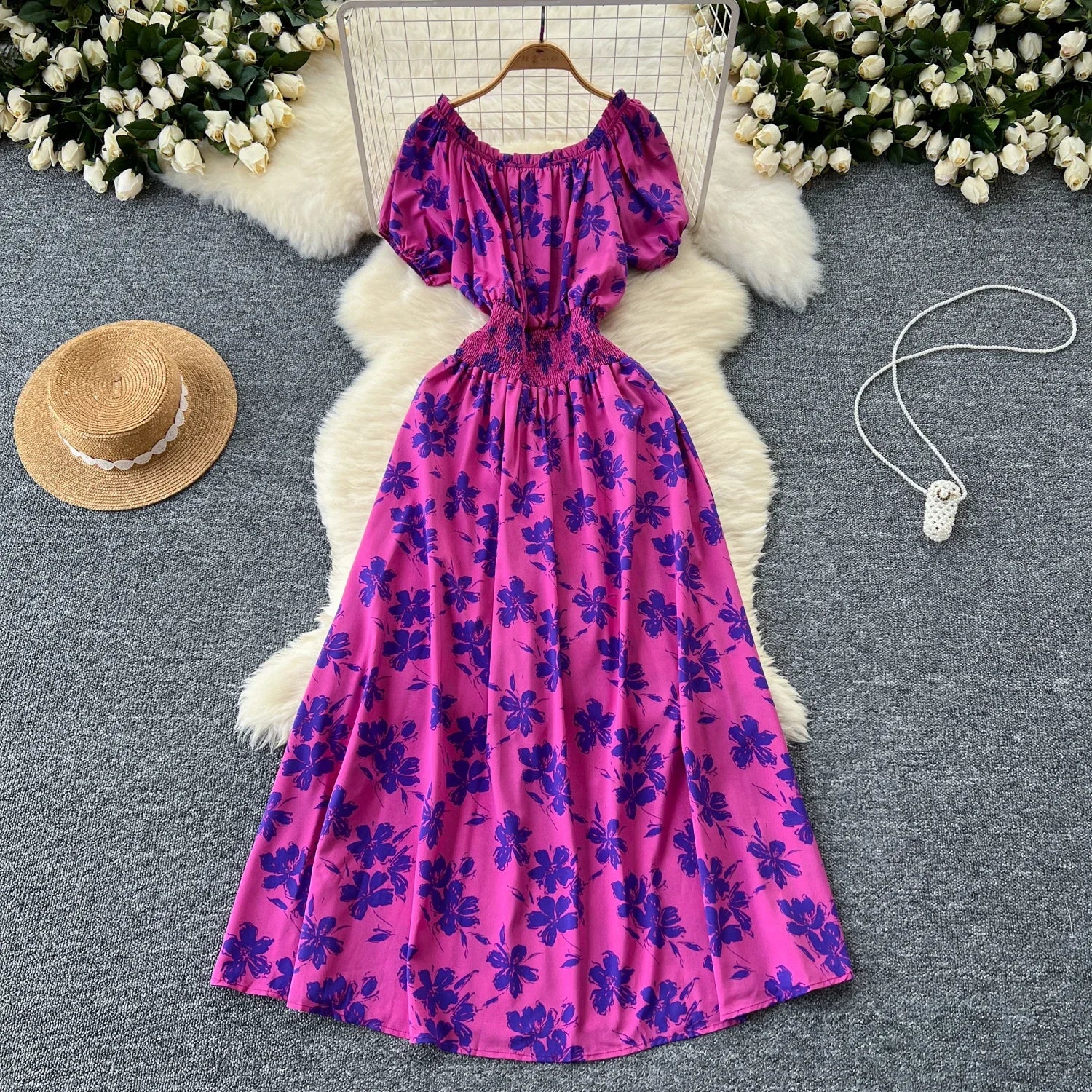 Summer Women Dress Loose Korean Style Bohemian Floral  New  Beach Off-Shoulder Print Casual Vintage Vestidos Robe Maxi Dresses
