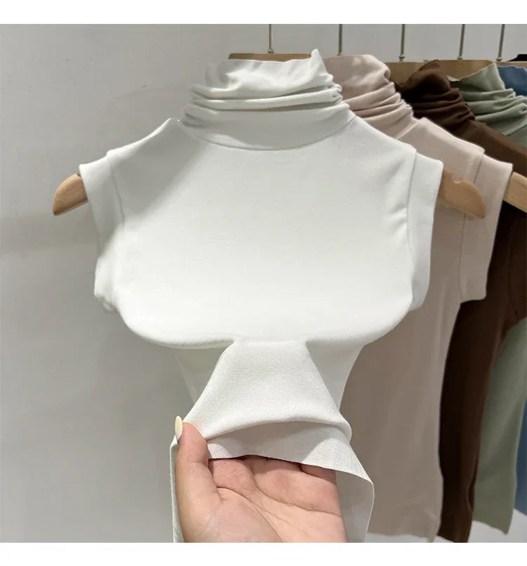 Women Summer Sexy Turtleneck Sleeveless T-Shirts Tops Solid Slim Fit Pullovers Causal Tees Shirts Female Streetwear Basics Tees