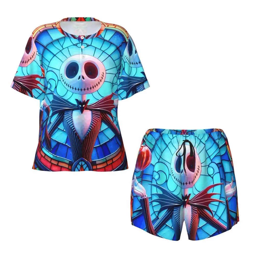 Women's Nightmare Before Christmas Jack Skellington Pajamas Set Printed 2 Piece Pjs Sets Short Sleeve Sleepwear Loungewear