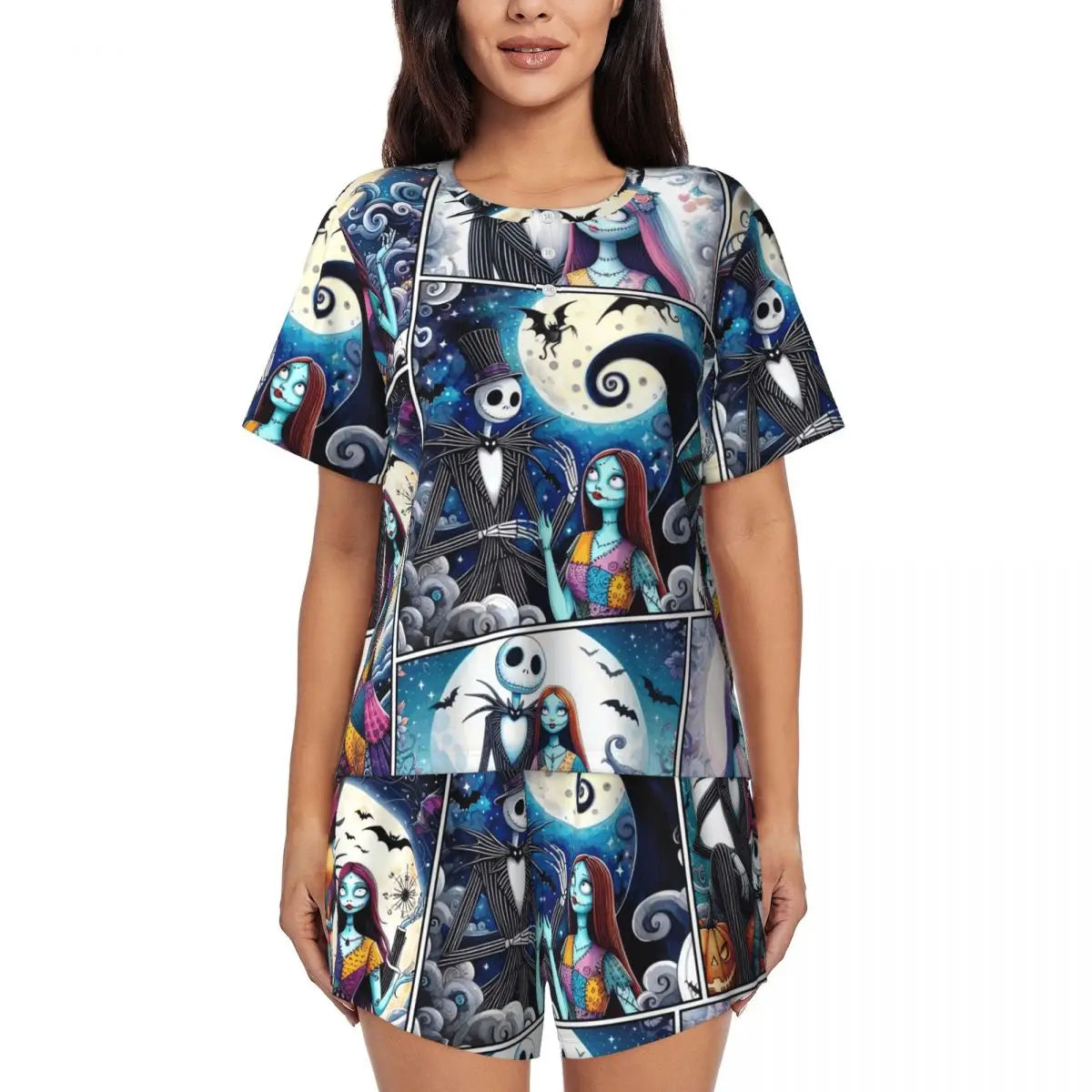 Women's Nightmare Before Christmas Jack Skellington Pajamas Set Printed 2 Piece Pjs Sets Short Sleeve Sleepwear Loungewear