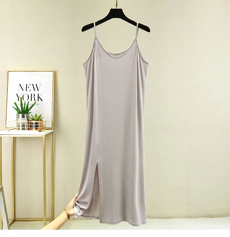 Women Summer Dresses Casual V Neck Full Under Slip Dress Spaghetti Strap Seamless Loose Split Bottming Thin All-Match Dress