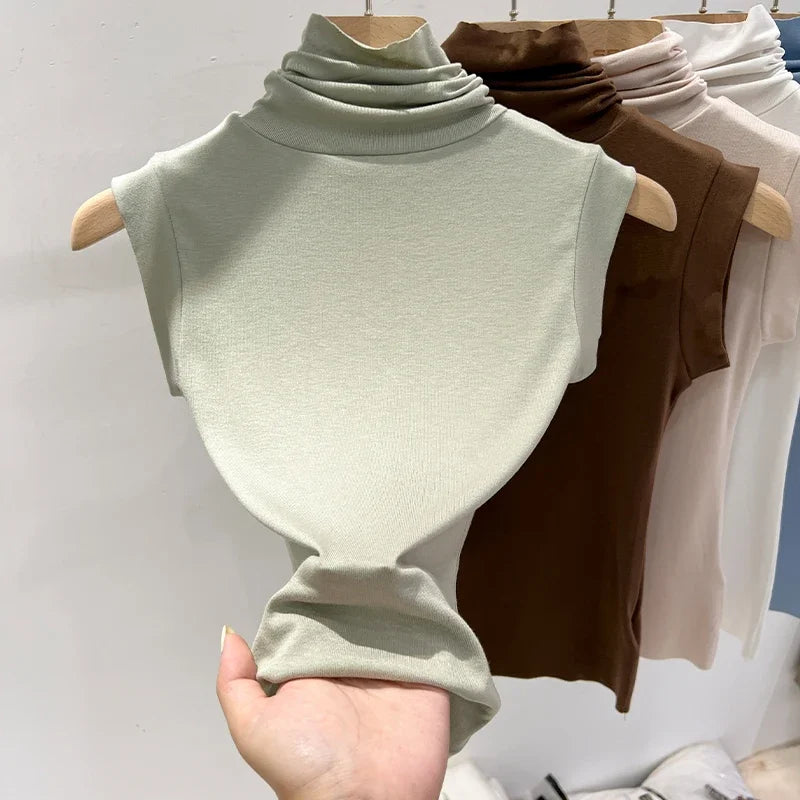 Women Summer Sexy Turtleneck Sleeveless T-Shirts Tops Solid Slim Fit Pullovers Causal Tees Shirts Female Streetwear Basics Tees