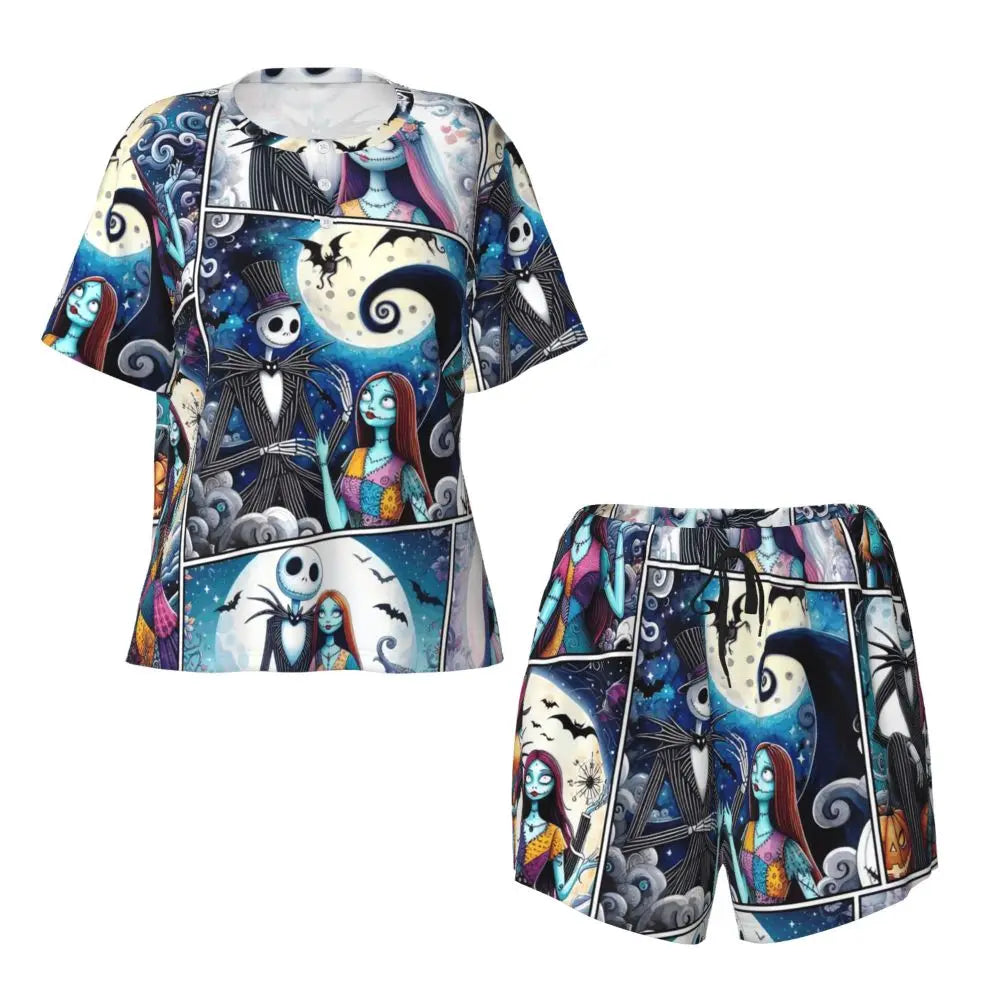 Women's Nightmare Before Christmas Jack Skellington Pajamas Set Printed 2 Piece Pjs Sets Short Sleeve Sleepwear Loungewear