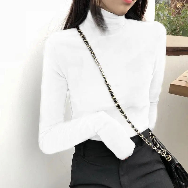 Women T Shirt Warm Velvet Pullovers Tops Winter Warm Turtleneck Long Sleeve Tshirt High Collar Bottoming Slim T-shirt 2020